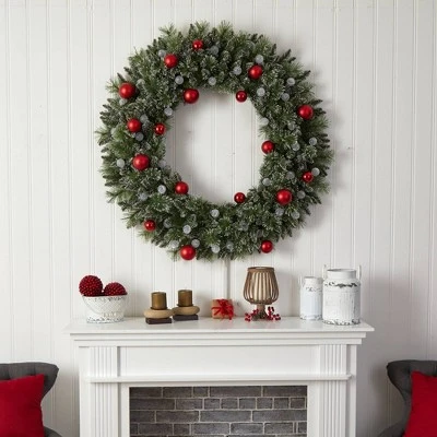 Nearly Natural 48" Pre-lit LED Decorated Frosted Pine Artificial Christmas Wreath Green With Warm White Lights - Image 5
