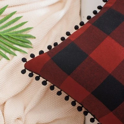 PiccoCasa Plaid Throw Pillow Covers With Pom-poms Classic Retro Plaid 2 Pcs - Image 4