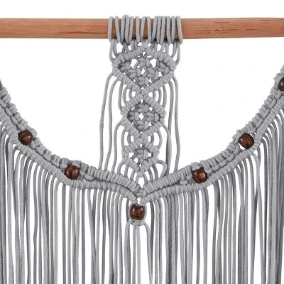 44" X 20" Cotton Macrame Intricately Weaved Wall Decor With Beaded Fringe Tassels Gray - Olivia & May - Image 3
