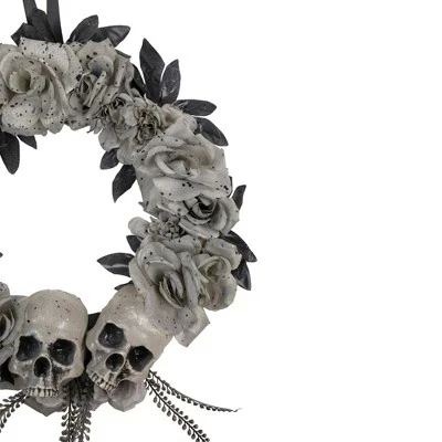 Northlight Double Skull And Gray Roses Halloween Wreath, 16-Inch, Unlit - Image 3