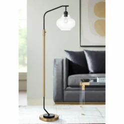 Possini Euro Design Tarrah Mid Century Modern 63" Tall Chairside Arc Floor Lamp Gold Black Metal Clear Glass Shade For Living Room House