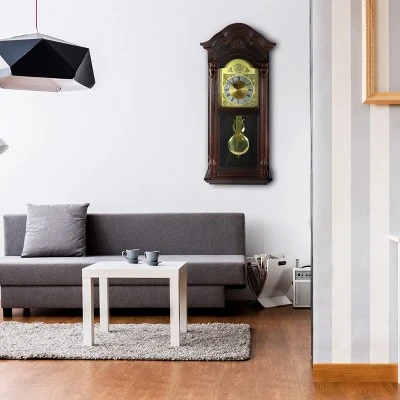 Bedford Clock Collection 25.5 Inch Antique Mahogany Cherry Oak Chiming Wall Clock With Roman Numerals - Image 2