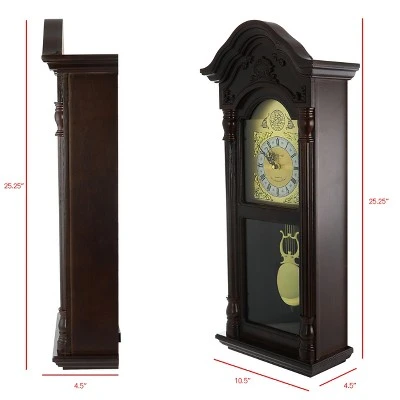 Bedford Clock Collection 25.5 Inch Antique Mahogany Cherry Oak Chiming Wall Clock With Roman Numerals