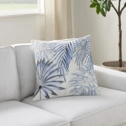 Mina Victory Life Styles Embroidered Palms 18" X 18" Blue Indoor Pillow Cover