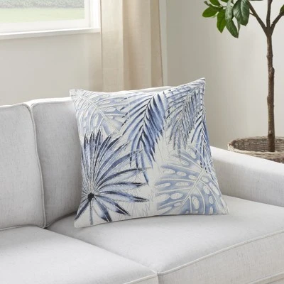 Mina Victory Life Styles Embroidered Palms 18" X 18" Blue Indoor Pillow Cover