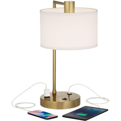 360 Lighting Colby Modern Desk Lamp 21" High Antique Gold With USB And AC Power Outlet In Base White Linen Drum Shade For Bedroom Living Room Desk - Image 2