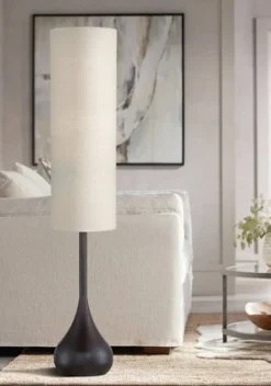 Possini Euro Design Mid Century Modern Floor Lamp 62" Tall Bronze Metal Droplet Off White Cream Cylinder Shade For Living Room Reading