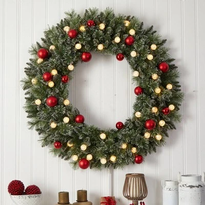 Nearly Natural 48" Pre-lit LED Decorated Frosted Pine Artificial Christmas Wreath Green With Warm White Lights - Image 3