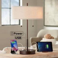 360 Lighting Modern Accent Table Lamp With USB And AC Power Outlet 23 1/2" High Bronze Fabric Drum Shade For Bedroom Living Room House Desk Bedside