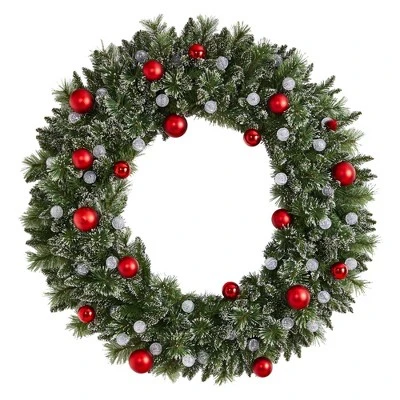 Nearly Natural 48" Pre-lit LED Decorated Frosted Pine Artificial Christmas Wreath Green With Warm White Lights - Image 2
