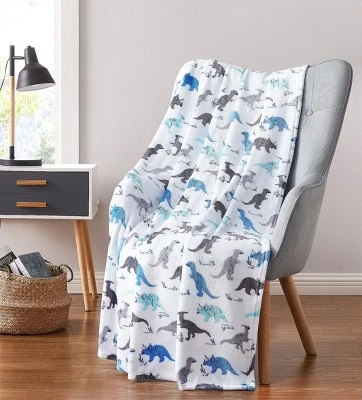 Kate Aurora Juvi Essentials Ultra Soft & Plush White & Blue Multi Dinosaur Fleece Accent Throw Blanket - 50 In. W X 60 In. L