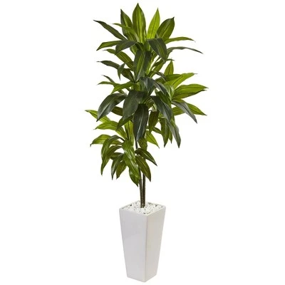 Nearly Natural 3-ft Dracaena Plant In White Tower Planter