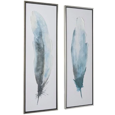 Set Of 2 Canvas Bird Feathers Framed Wall Arts With Silver Frames Blue - Olivia & May - Image 3