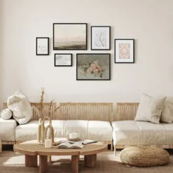 Americanflat 6 Piece Vintage Gallery Wall Art Set - Blush Roses, Hazy Beach, Pale Blossoms, Pink Silk Textile, Clouds By Maple + Oak