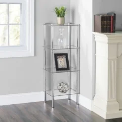 Home Basics 4 Tier Multi Use Rectangle Glass Corner Shelf, Clear