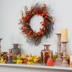 Northlight Leaves And Berries Artificial Fall Harvest Twig Wreath - 24 Inch, Unlit