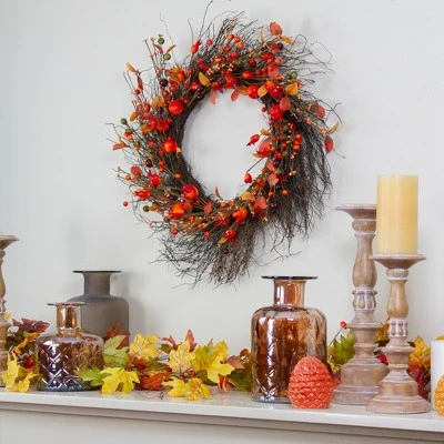 Northlight Leaves And Berries Artificial Fall Harvest Twig Wreath - 24 Inch, Unlit