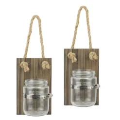 Set Of 2 5.5" X 3.3" Rustic Natural Wood Mason Jar Wall Sconce Set Brown - Stonebriar Collection