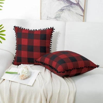 PiccoCasa Plaid Throw Pillow Covers With Pom-poms Classic Retro Plaid 2 Pcs