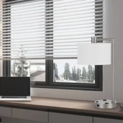 Transitional Desk Lamp With 2 Power Outlets And 2 USB Ports Brushed Steel - Cal Lighting