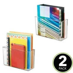 MDesign Modern Plastic Adhesive Storage Bin Container For Office, 2 Pack - Clear