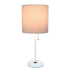 19.5" Bedside Power Outlet Base Metal Table Desk Lamp In White With Gray Fabric Shade - Creekwood Home