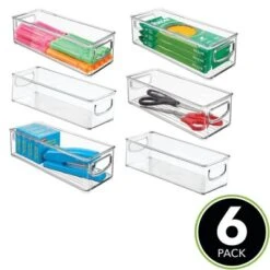 MDesign Small Plastic Office Storage Container Bin With Handles - 6 Pack