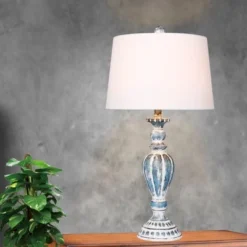 Distressed Candlestick Resin Table Lamp In Cottage Antique Blue - Fangio Lighting