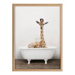18" X 24" Blake Giraffe 2 In Tub Color Framed Printed Glass By Amy Peterson Art Studio Natural - Kate & Laurel All Things Decor