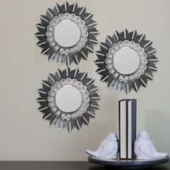 Northlight Set Of 3 Floral Sunburst Brushed Silver Round Mirrors 9.5"