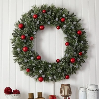 Nearly Natural 48" Pre-lit LED Decorated Frosted Pine Artificial Christmas Wreath Green With Warm White Lights - Image 4