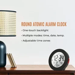 Marathon Round Atomic Alarm Clock With Push-Button Backlight, Indoor Temperature & 8 Time Zones