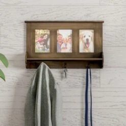 Wall Shelf And Picture Collage With Ledge And 3 Hanging Hooks- Photo Frame Decor Shelving With Rustic Wood Look, Holds 4x6 Pictures By Hastings Home