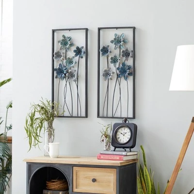 Metal Floral Wall Decor With Black Frame Set Of 2 Gray - Olivia & May - Image 2