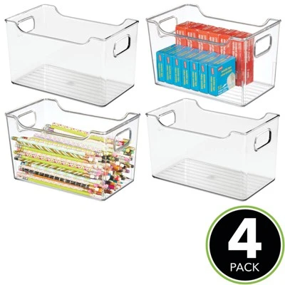 MDesign Large Plastic Home Office Desk Storage Organizer Bin, 4 Pack - Clear