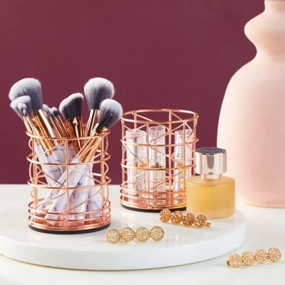 Juvale 2 Pack Rose Gold Pen Holder, Metal Wire Pink Pencil Holder For Desk, Office And School Supplies, Makeup Brush Organizer For Vanity, 3.6 X 4 In - Image 2