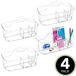 MDesign Plastic Office Storage Organizer Caddy Tote With Handle, 4 Pack - Clear