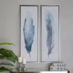 Set Of 2 Canvas Bird Feathers Framed Wall Arts With Silver Frames Blue - Olivia & May