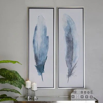 Set Of 2 Canvas Bird Feathers Framed Wall Arts With Silver Frames Blue - Olivia & May