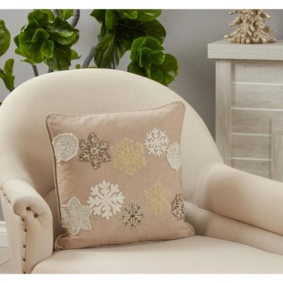Saro Lifestyle Embroidered Snowflake Pillow - Down Filled, 18" Square, Natural - Image 2