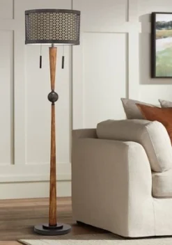 Franklin Iron Works Modern Mid Century Farmhouse Rustic Floor Lamp 64" Tall Bronze Cherry Wood Metal Cream Double Drum Shade For Living Room Reading