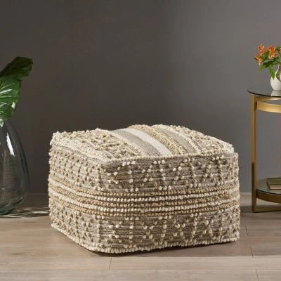 Bonita Large Contemporary Wool And Cotton Pouf Ottoman White/Beige - Christopher Knight Home - Image 6