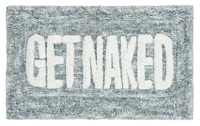 Kate Aurora Dorm Basics “Get Naked" Aqua Blue Typography Soft Tufted Oversized Bath Rug - 20” X 32”