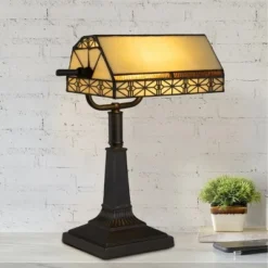 Hastings Home Tiffany Style Bankers LED Desk Lamp – 16" High, Dark Brown