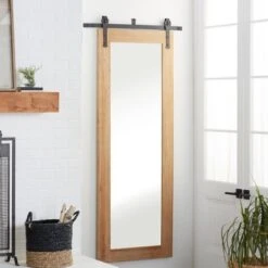 Wood Wall Mirror With Metal Hanging Rod Brown - Olivia & May