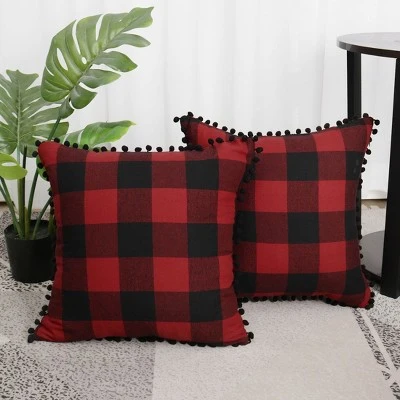 PiccoCasa Plaid Throw Pillow Covers With Pom-poms Classic Retro Plaid 2 Pcs - Image 6