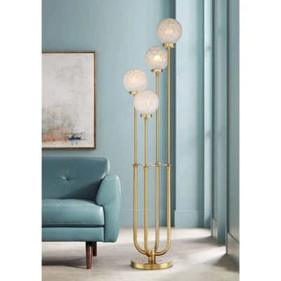 Possini Euro Design Mid Century Modern Glam Style Floor Lamp 4-Light LED 68.5" Tall Warm Gold Glass Globe Shade For Living Room House Uplight