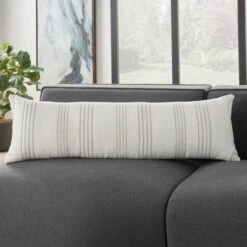 12"x40" Oversized Life Styles Woven Cotton Linen Striped Indoor Lumbar Throw Pillow White/Gray - Mina Victory